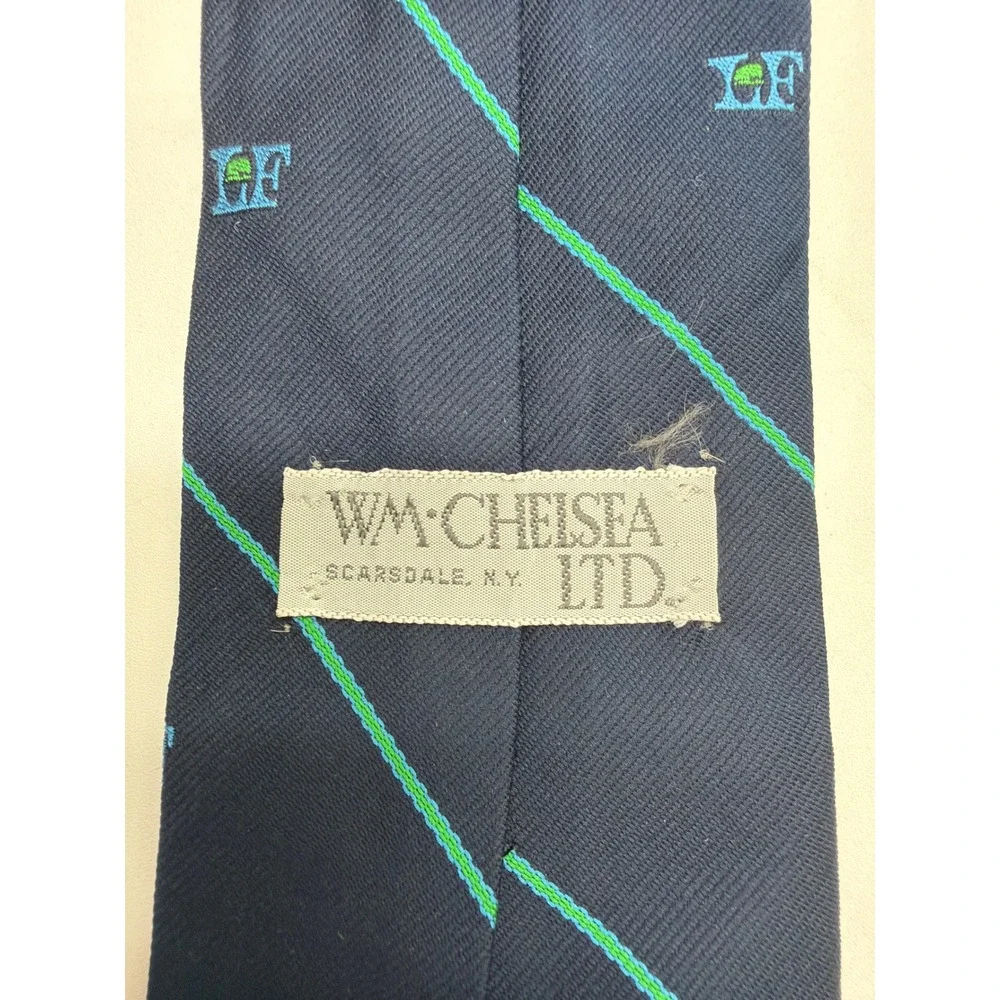 Wm Chelsea Ltd Mens Navy Blue Green Striped LF Crest Logo Silk Tie Scarsdale NY